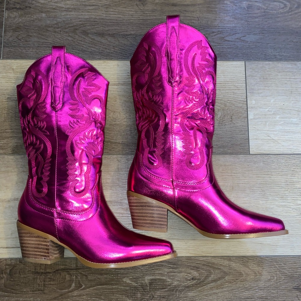 Pink Heeled Boots with Metallic Finish and Mid-Calf Shaft